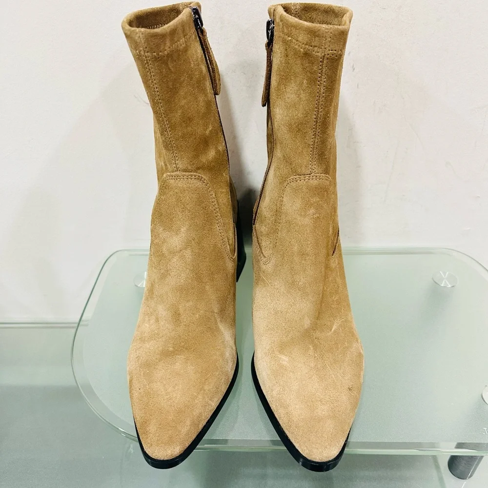NWOT Zara Tan‎ Suede Ankle Boot  Block Heel  Bootie Pointed Toe 40 US 9 / 9.5